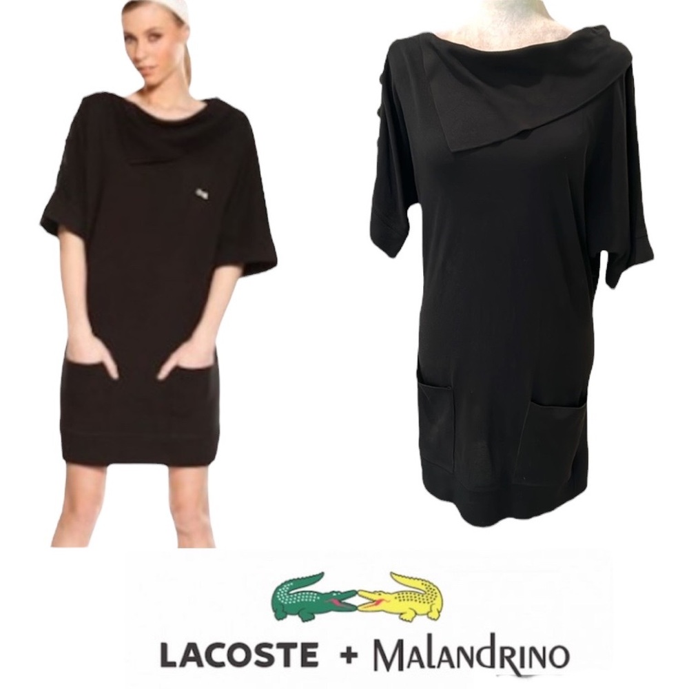 Lacoste x Catherine Malandrino Black Pique Knit Asymmetrical Collared Dress - XS